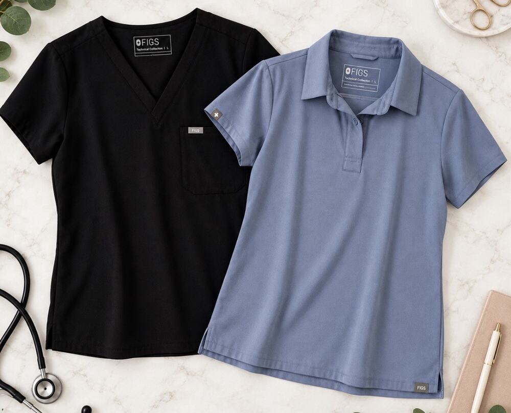 FIGS Technical Collection Women’s L Scrub Tops 2pc Bundle Black V-Neck Blue Polo